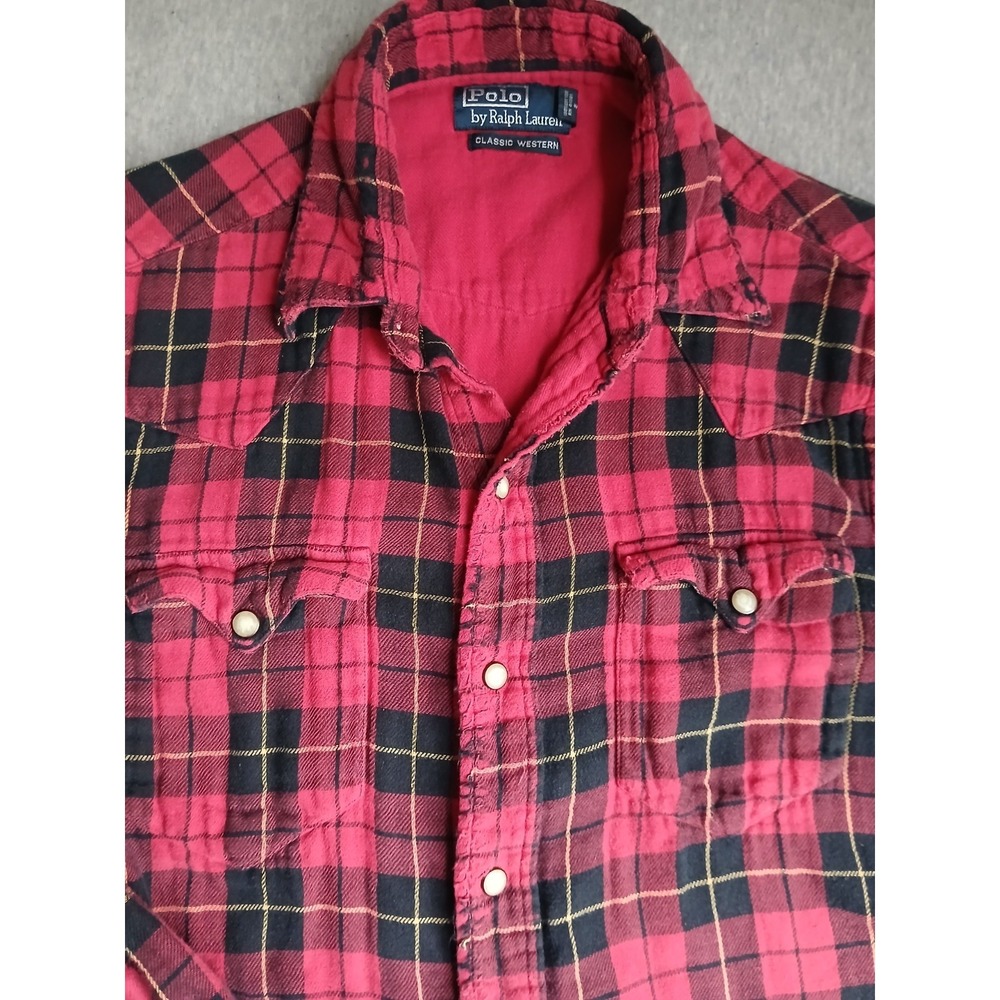 Ralph Lauren Shirt Medium Tartan Plaid Pearl Snap Flannel Western Distressed VTG